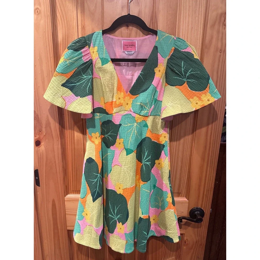 Kate Spade New York Cucumber Floral Swing‎ Dress Green Orange Pink V-Neck Mini 0